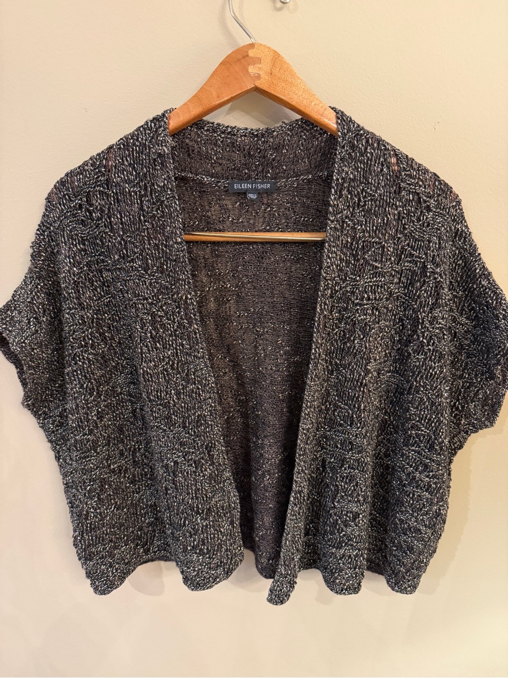 Eileen Fisher Metallic Open Knit Cardigan Shrug Medium Linen Blend Italian Yarn